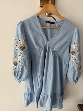 Zara Light Blue Embroidered Cotton Dress